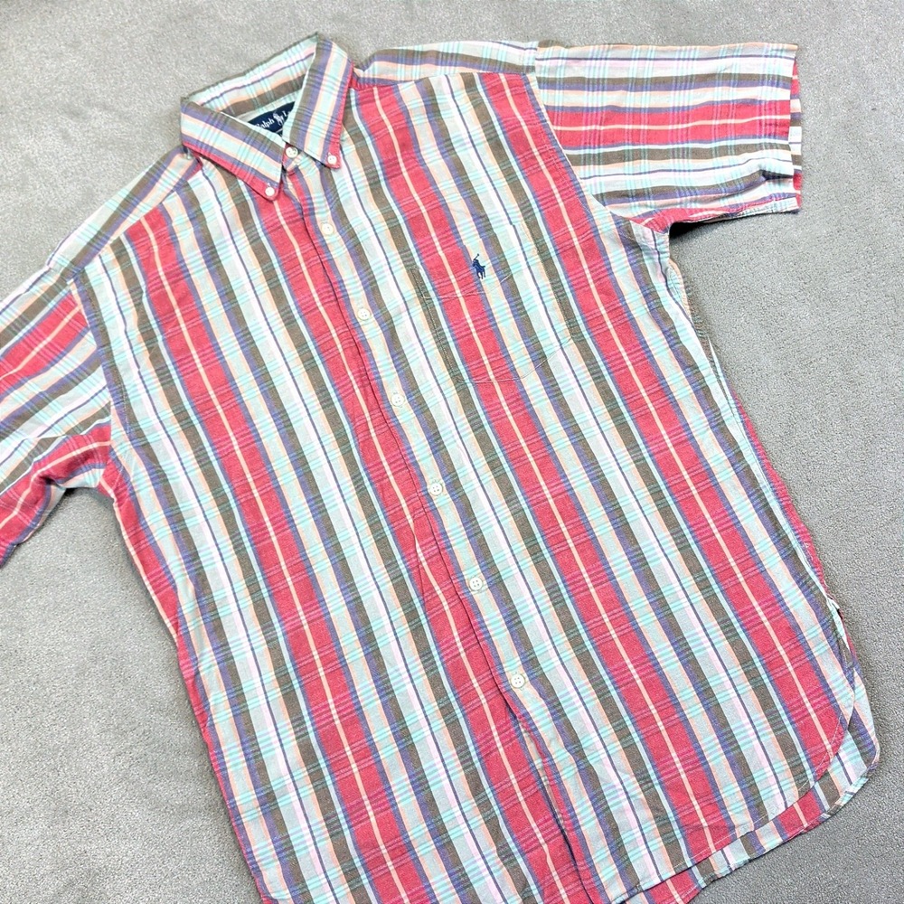 Ralph Lauren McMeel Vintage Mens Medium Red Blue Striped Short Sleeve Button Up
